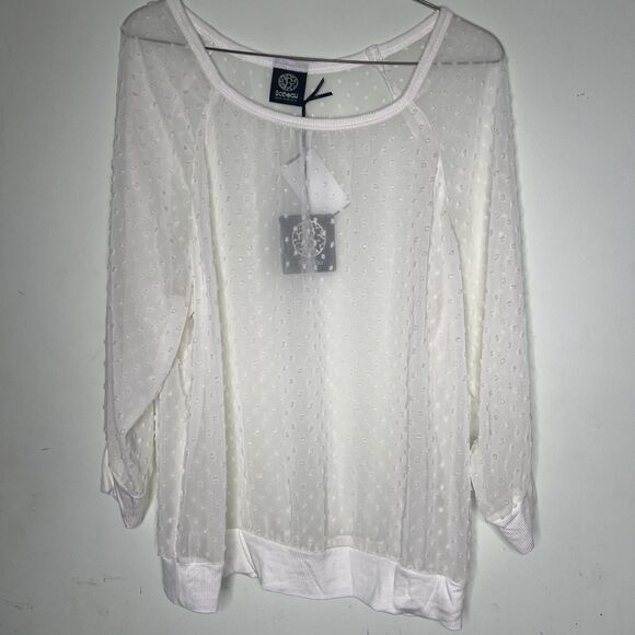 Bobeau Blouse Women Raised Polka Dot  Medium  Ivory Sheer Long Sleeve Crew Neck - Picture 1 of 11